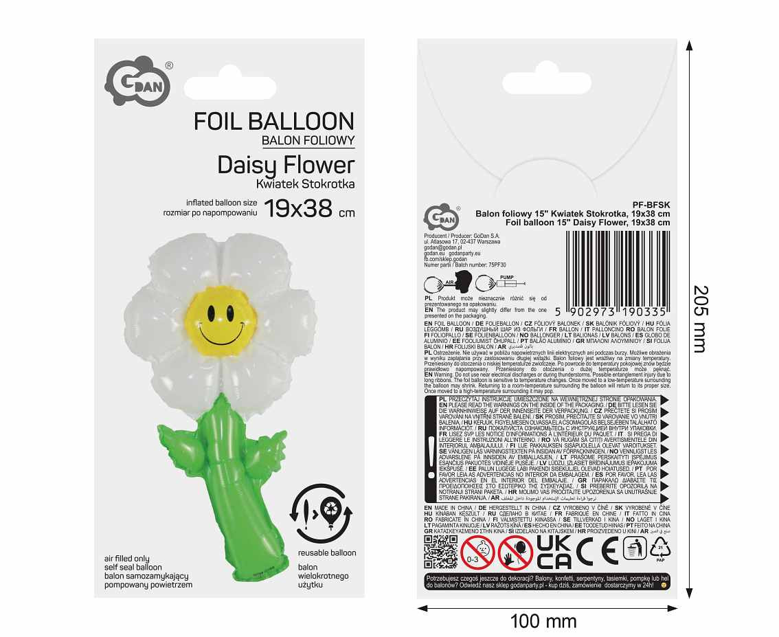 Foil balloon 15" Daisy Flower, 19x38 cm